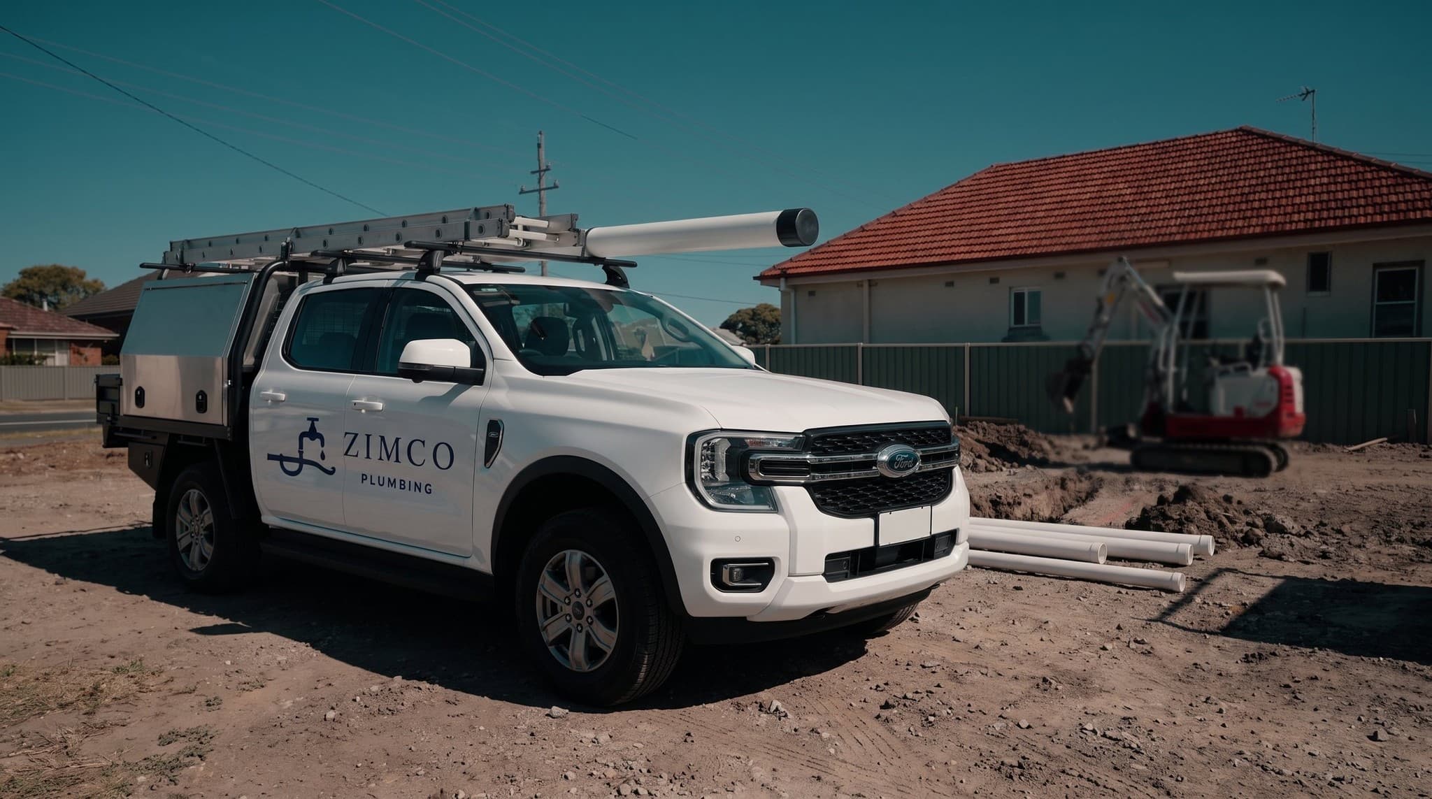 Zimco Plumbing's white work ute on a job site, mini excavator and PVC pipe behind